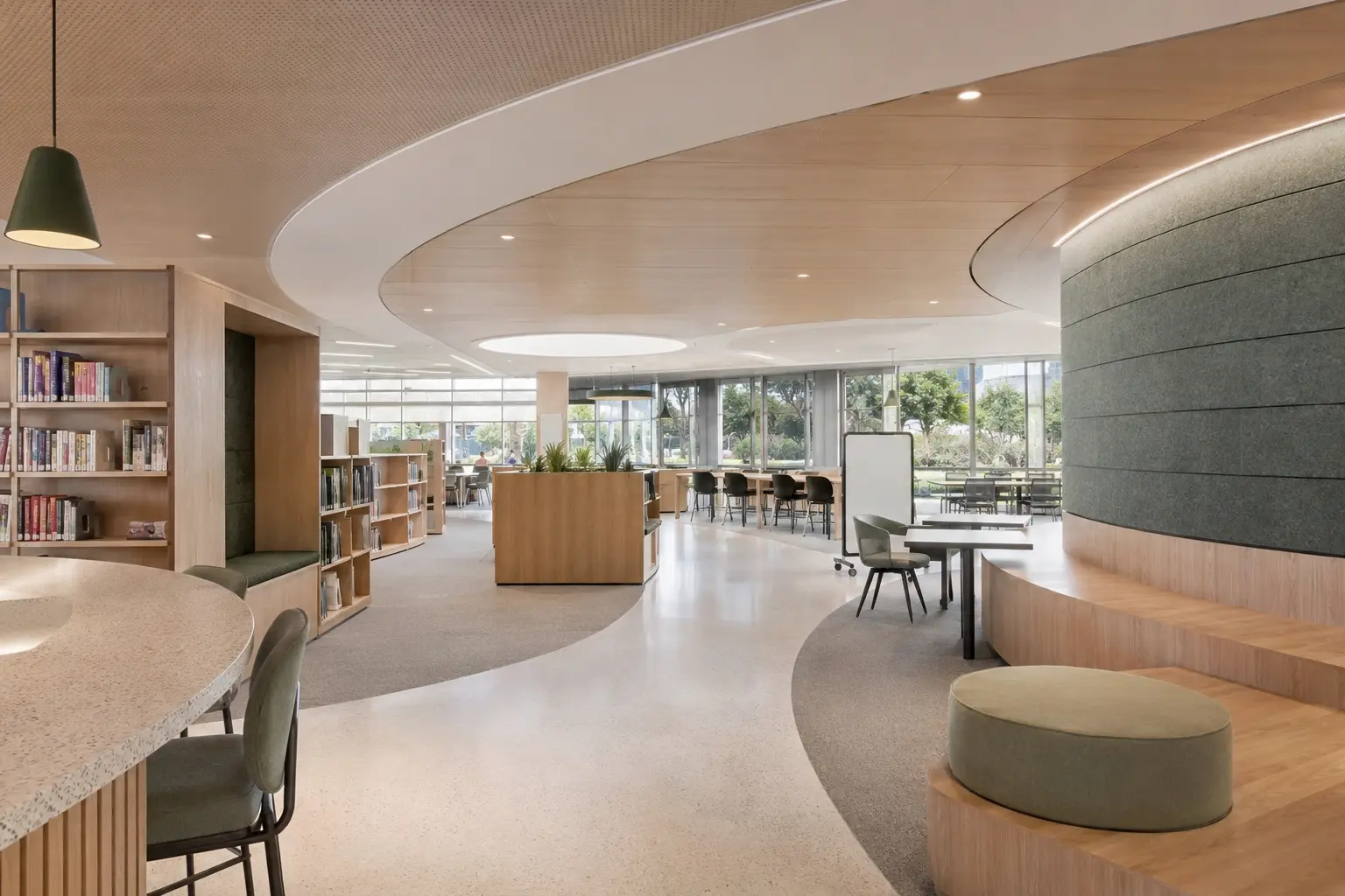 Contemporary education facility learning commons and collaborative library