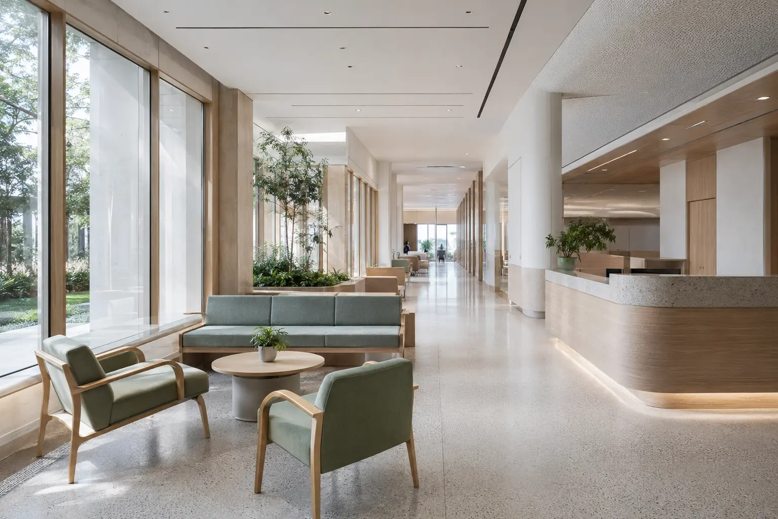 Calm contemporary healthcare facility reception and waiting environment